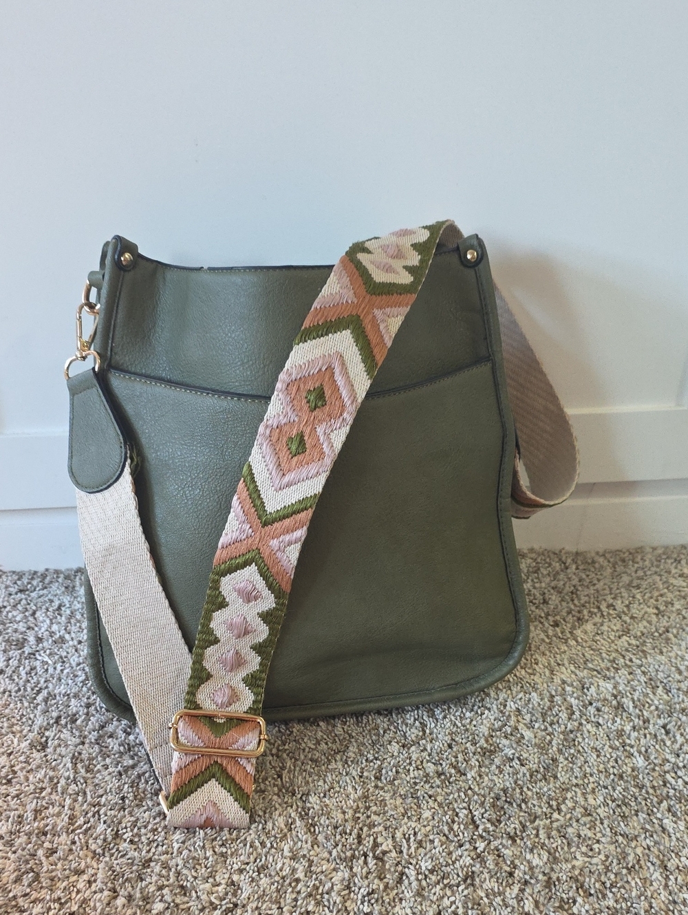 Jen & Co Olive Green Chloe Crossbody Bag with Patterned Woven Strap